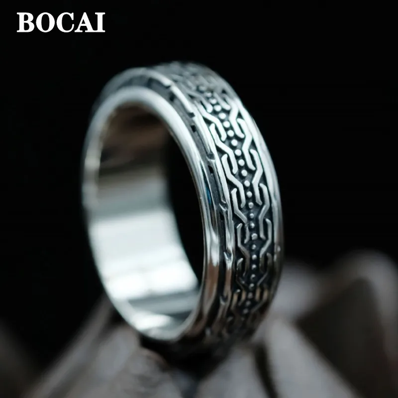 BOCAI New 100% 925 Silver Jewelry Accessories Two Sides Continual Image Fashion Punk Men and Women Rings Good Luck Without Stop