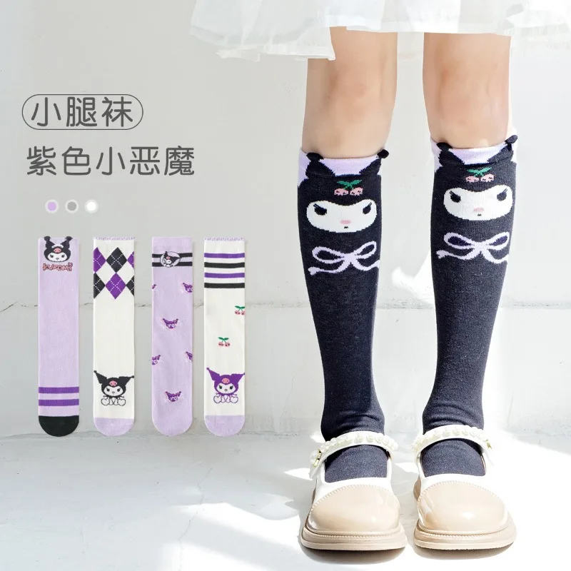 

Sanrio Kuromi Top High Socks Cute Kawaii Children's Cartoon Anime Cotton Girls Bow Long Girl Calf Sock Christmas Birthday Gift