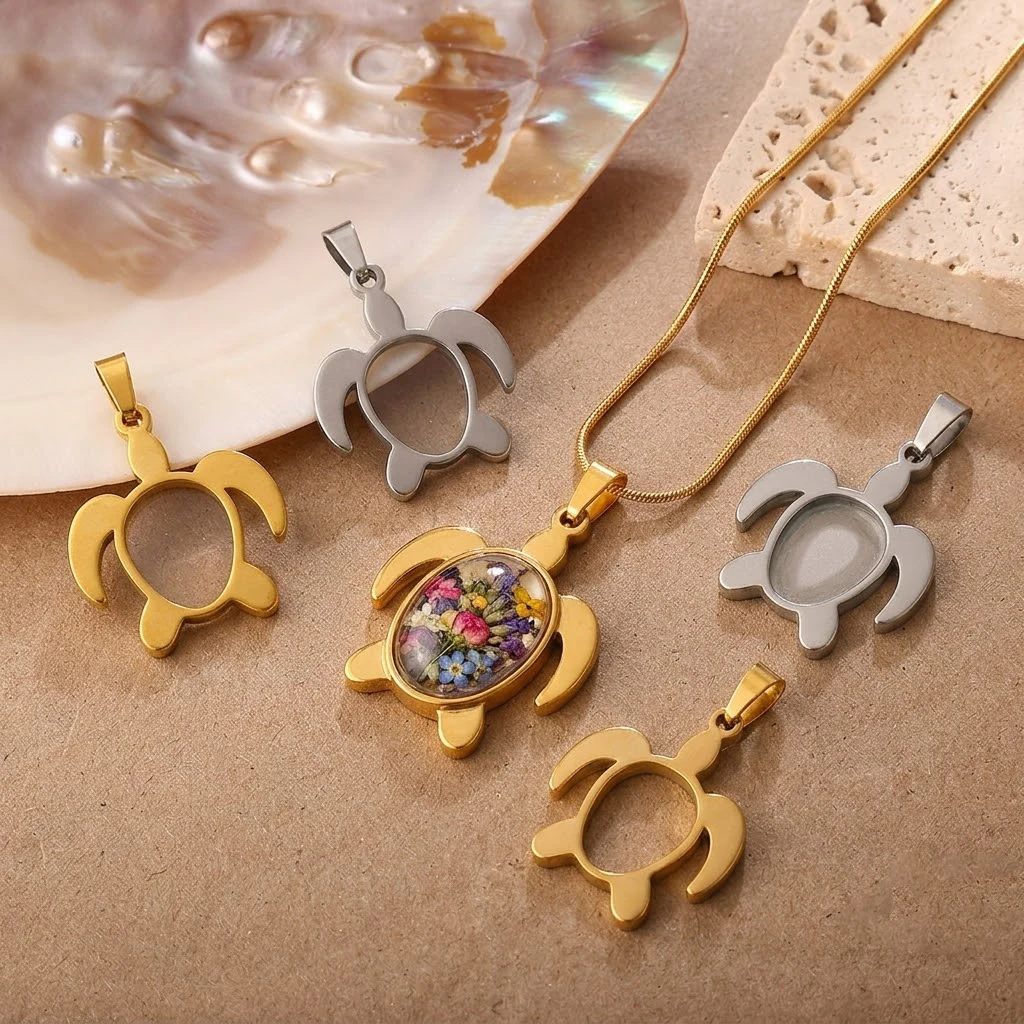 Bezels Set Pendant - 5pcs/Lot Stainless Steel Turtle Cabochon Base