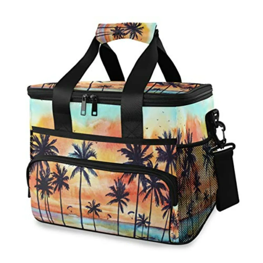 

Tropical Seaside Palm Large Lunch Bag Insulated Lunch Box Reusable Soft Cooler Cooling Tote for Adult Men Women, Capacity 24-Can