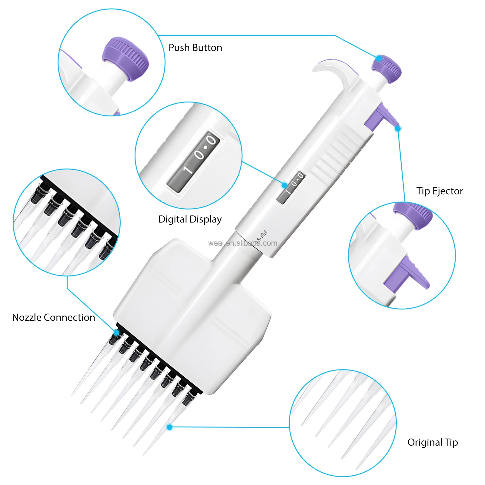 WEIAI Multichannel MicroPipette 8/12 Channel Pipeta MicroPette Plus Fully Autoclavable Adjustable Volume Mechanical Lab Pipette
