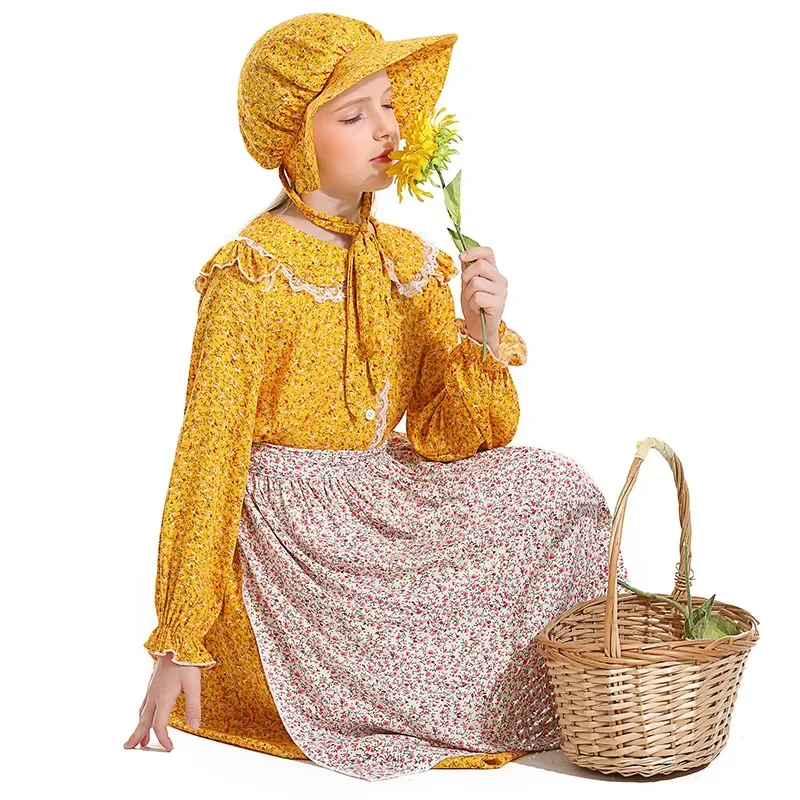 Children Yellow Floral Colonial Girls Drama Costume