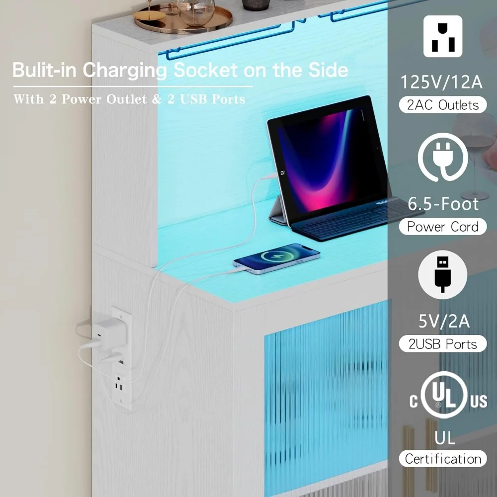 Wine Bar Cabinet w/ LED Light - Modern Kitchen Coffee Bar w/ Wine & Glass Rack"