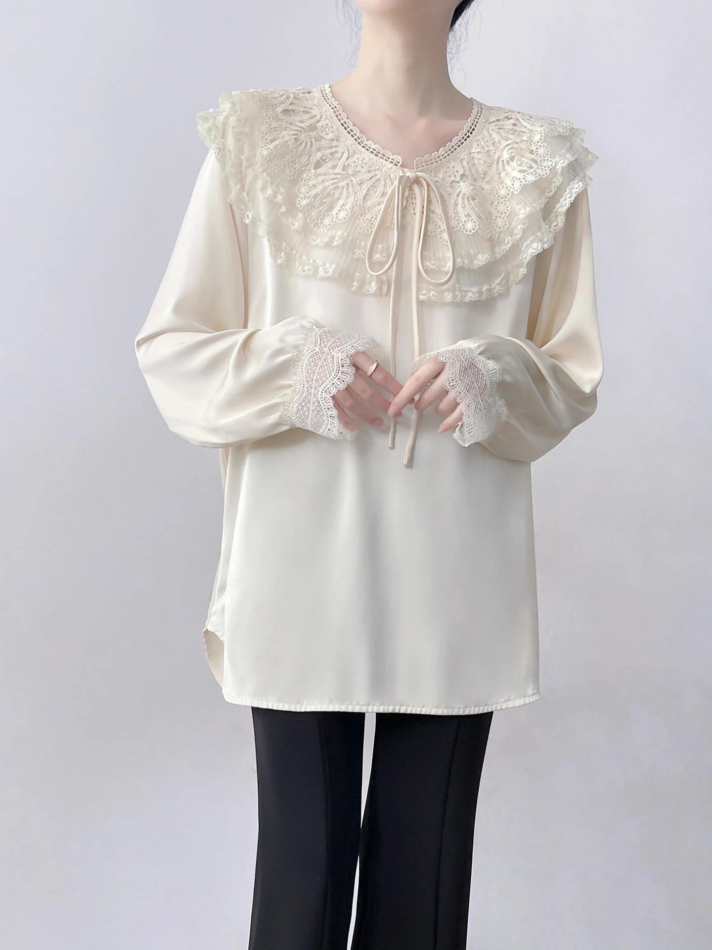 Korean Style Lace Trim Hollow out Belted Shirt Women's Satin Drapey Wrinkle Resistant Midi Length Top French Style Loose Fit ...