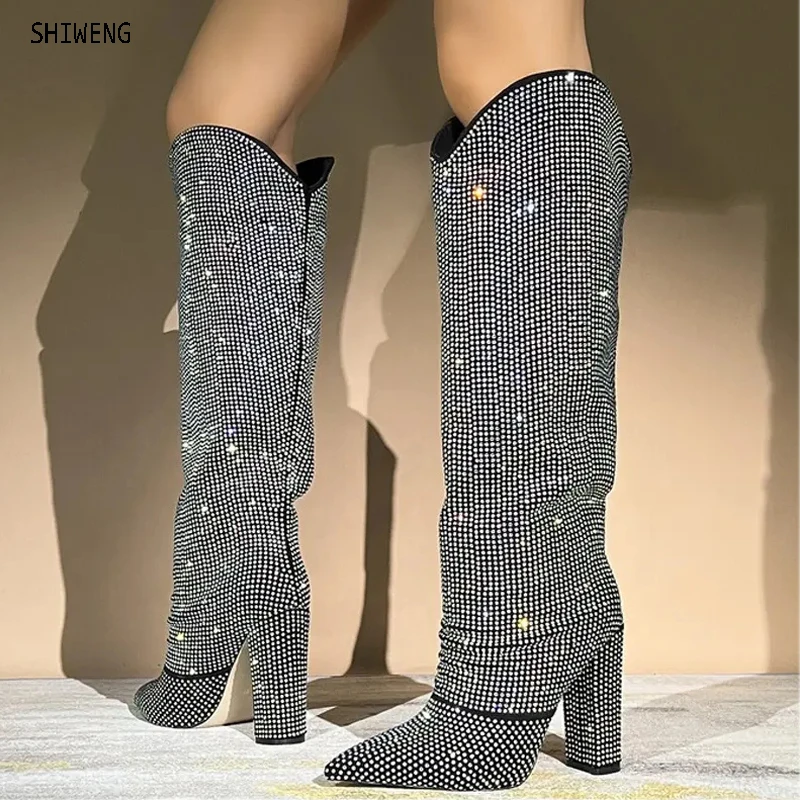 

Luxury Women Knee High Boots for Woman's Silvery Roseo Rhinestone Shark Lock Pointed Toe Wedges Botas Mujer Party Shoes 44