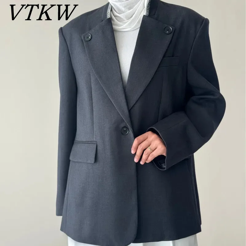 

VTKW Solid Color One Button Decoration Design Sense 2025 Spring New Women's Blazer High-quality Short Loose Suit Jacket