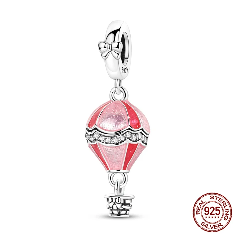 

New 100% Plata de Ley 925 Openable Hot Air Balloon Pink Charms Fit Original Women's Bracelet DIY Jewelry Making Everyday Gift