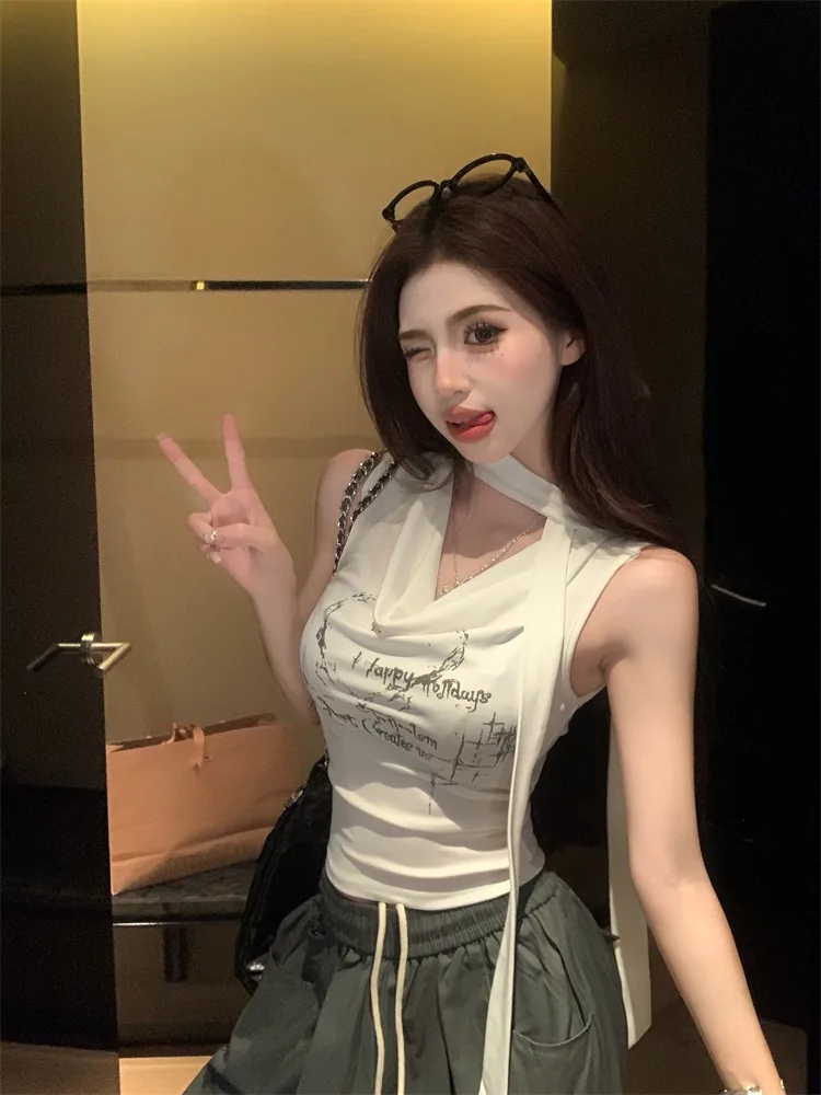 

Retro Strap Vest Women's Summer New Style Short Sleeve Slimming Layering Top Floaty Draped Wrap Chest Swing Collar Shirt