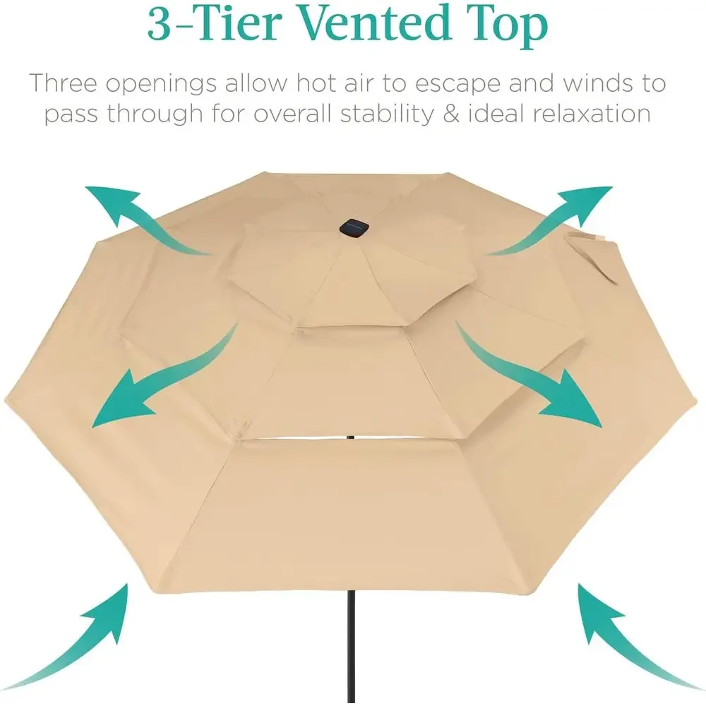 3-Tier 10ft Patio Umbrella with LED Lights, Adjustable Crank, 8 Ribs for Outdoor Shade