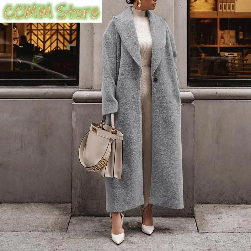 Winter Women Solid Color Commuting Office Overcoat Lady Lapel One-Button Fleece Outerwear Female Casual Single Pocket Long Coats