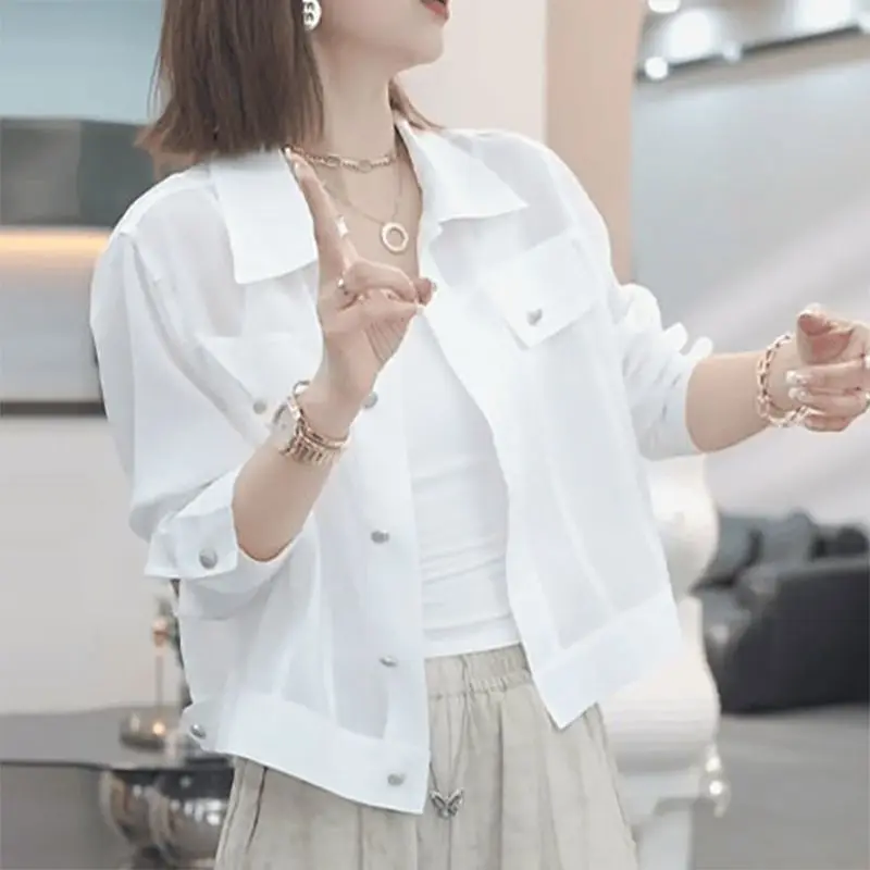 Women's White Sheer Long-Sleeve Button-Down Jacket with Pocket Details