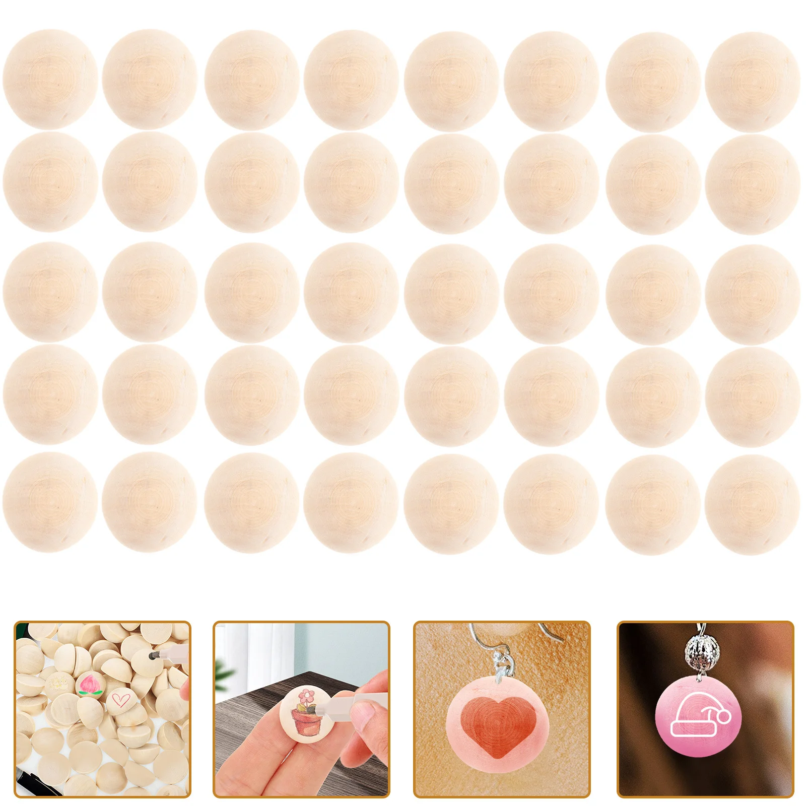 

100Pcs Loose Beads for Jewelry Half Wooden Beads DIY Craft Ornament Smooth Natural Wood Half Balls Art Project Supplies Handmade