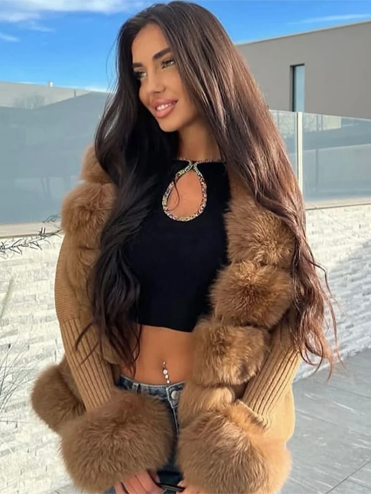 

Роскошная женская вязаная куртка из искусственного меха, облегающий свитер с меховым краем и длинными рукавами на шнуровке, 2025 г., женская осенне-зимняя верхняя одежда Flurry