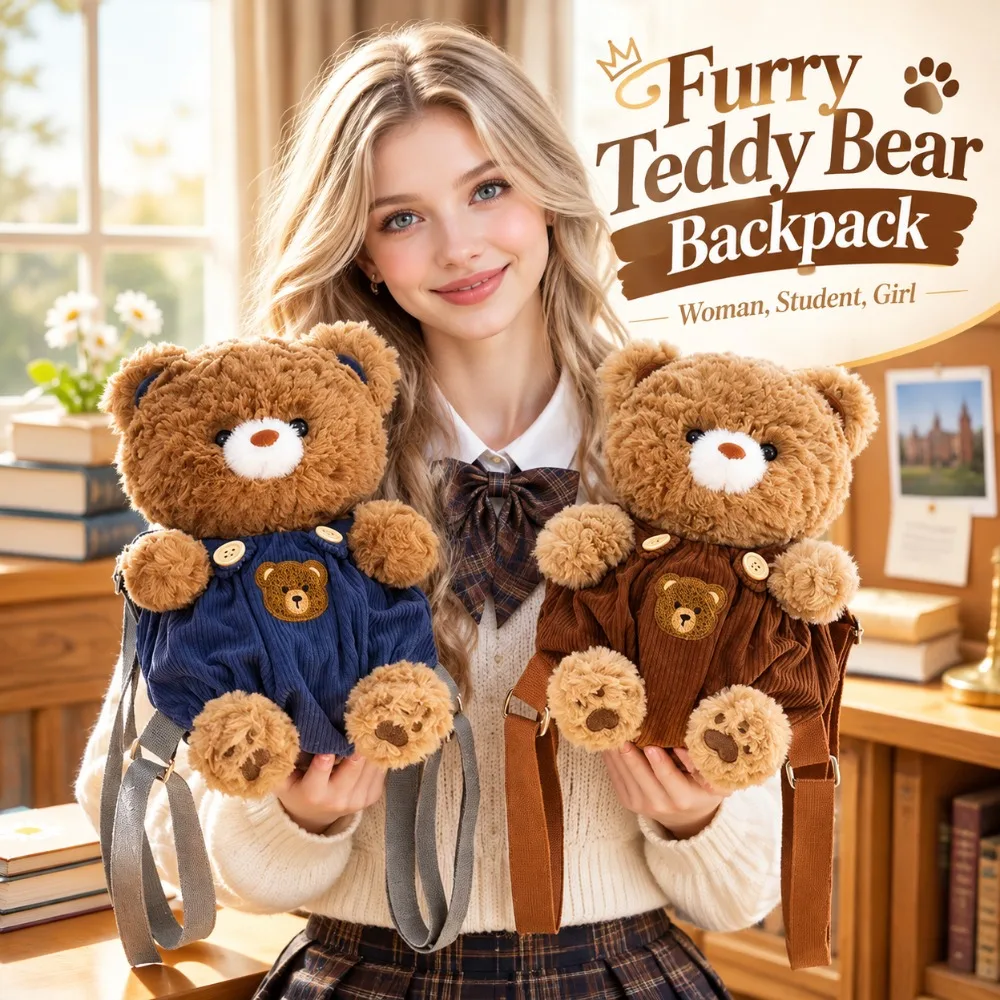 Furry Teddy Bear Backpack Adjustable Straps Portable Panda Storage Pouch Lightweight Versatile Stuffed Toy Bag