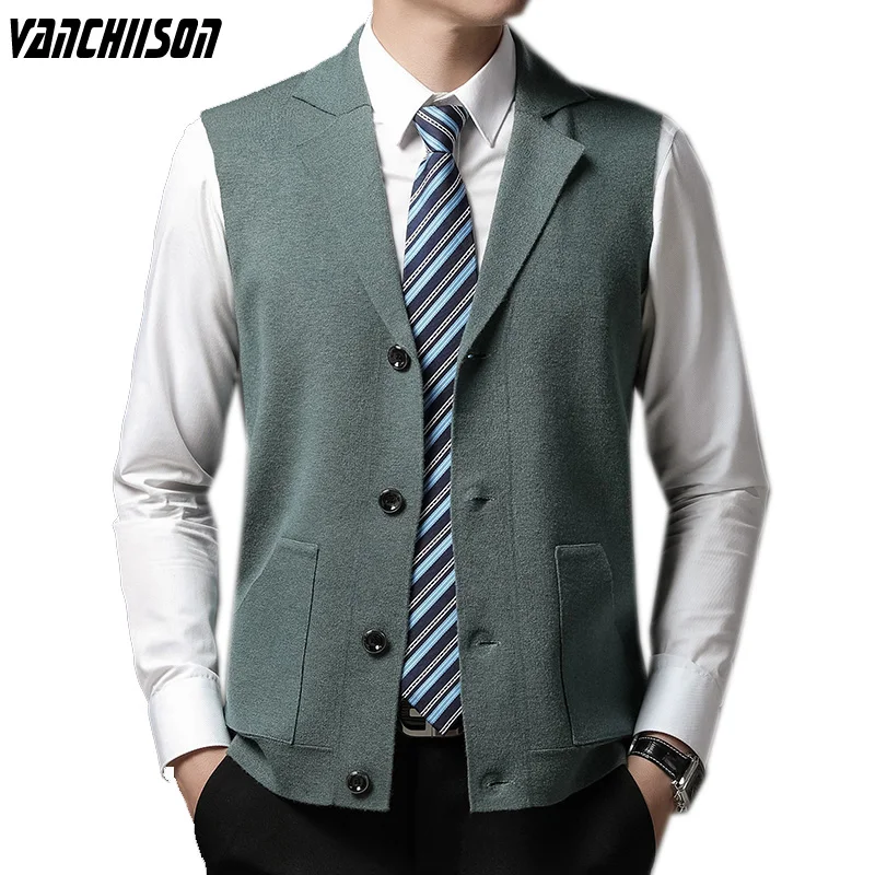 

Top Grade Smooth Velvet Knit Vest Sleeveless Cardigan Lapel Buttons Down V Neck Business Formal Basic for Autumn Winter 00291