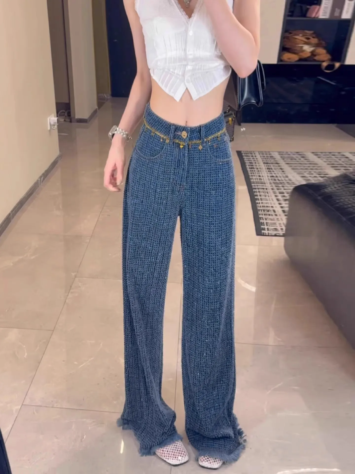 

Blue High Waist Straight Leg Jeans Women's Autumn New Arrival Wide Leg Frayed Hem Casual Sle Korean Faion Floor Length