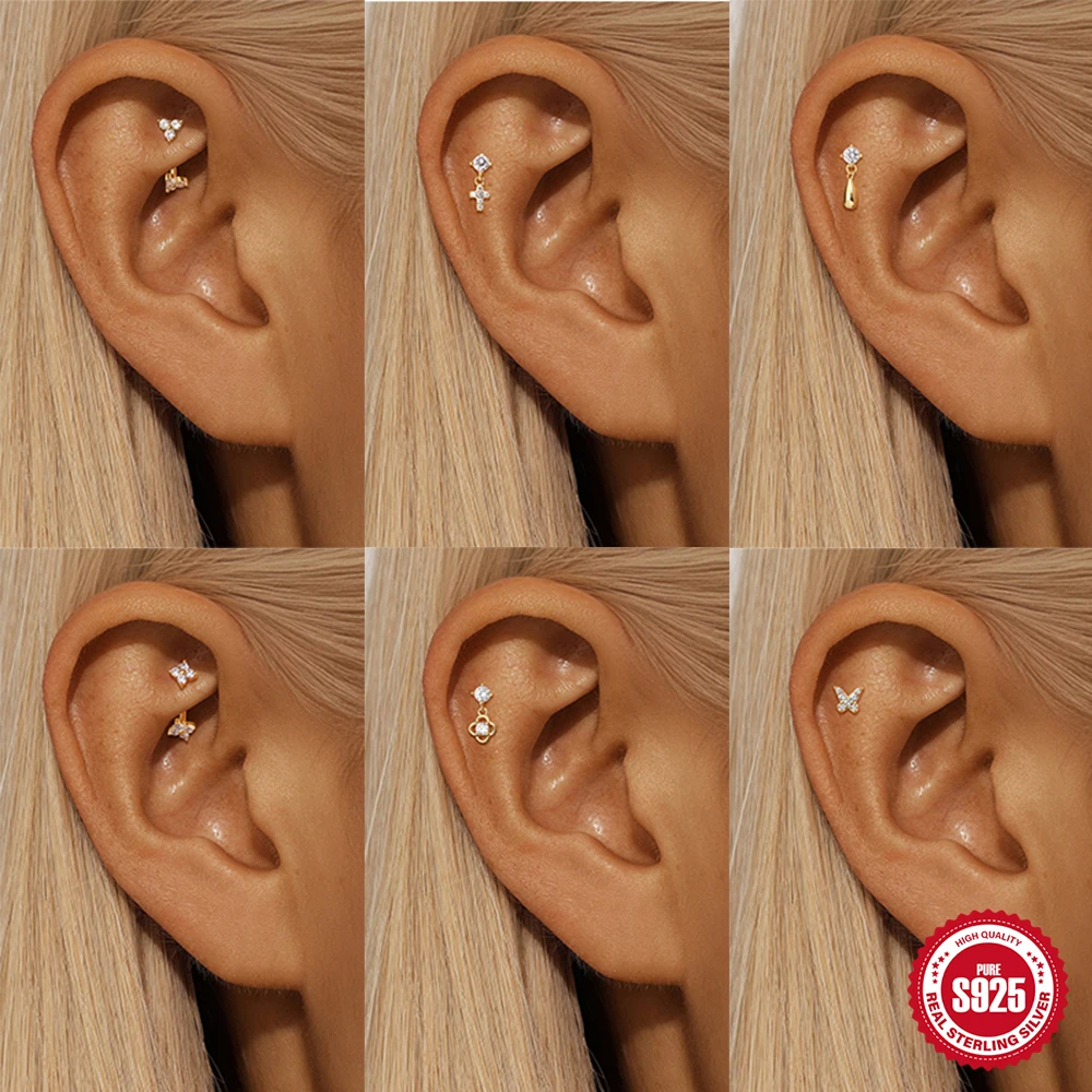 

BOAKO 925 Sterling 1piece Silver Korea flower/cross/butterfly Piercing Earring For Woman 18K Gold Color Flat Back Party Jewelry