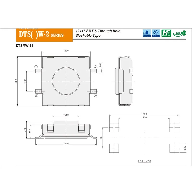 10 teile/lose Taiwan Dip wasserdichter und staub dichter taktiler Schalter 12*12*4,3 smt 4-poliger Tap-Reset-Knopf
