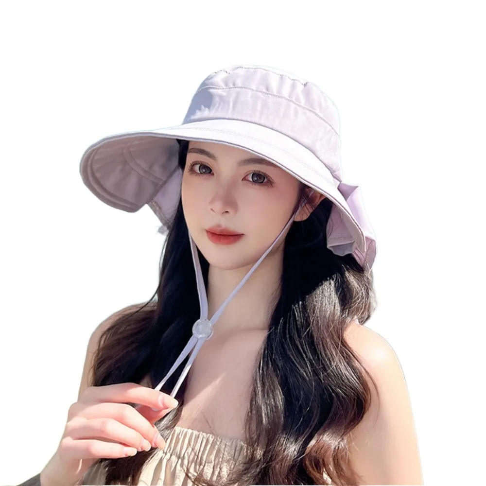 

Big Bowknot Sunshade Bucket Hat with Shawl Foldable Bow Sun Hat Adjustable with Ponytail Hole Aiti UV Fishman Hat Beach