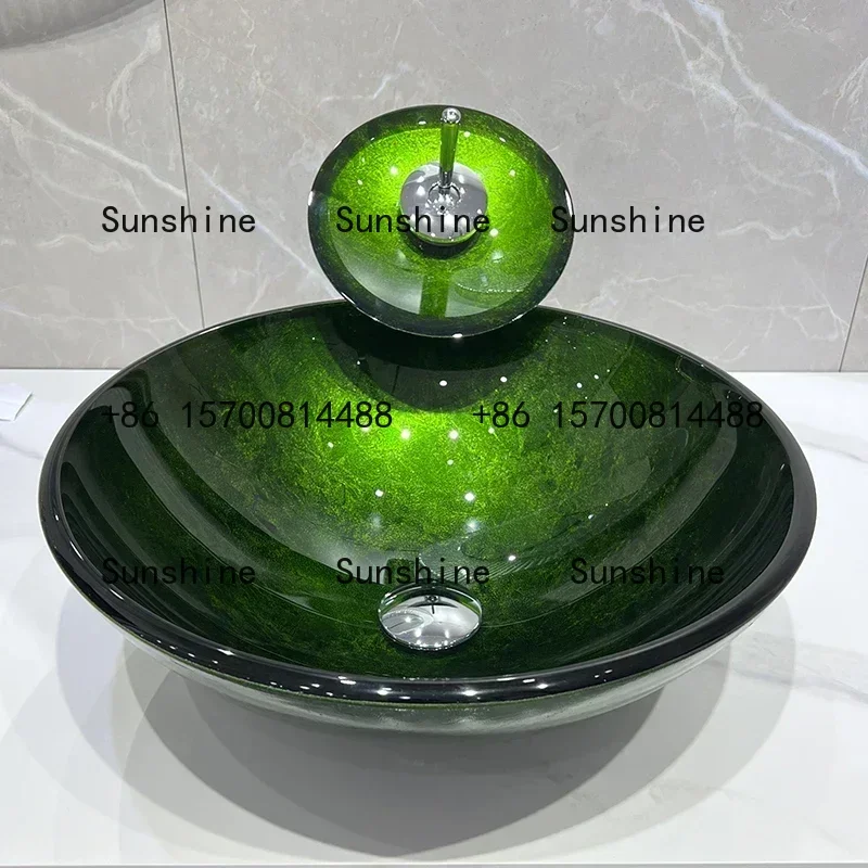 Matcha Green, Tempered Glass Wash Basin, Household Table Basin, Retro Art Basin, Creative Rectangular Washbasin.