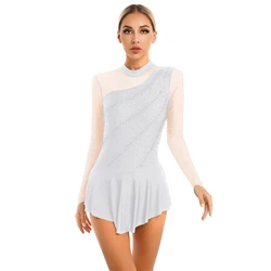 Women Figure Ice Skating Costume Ballet Lyrical Dance Dress Gymnastic Leotard Long Sleeve Sheer Mesh Shiny Rhinestone Dancewear