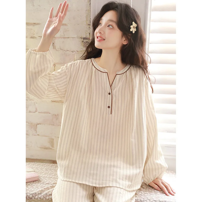 New Pajamas Women's Casual Simple V-neck Striped Can Go Out Pullover Thin Loungewear