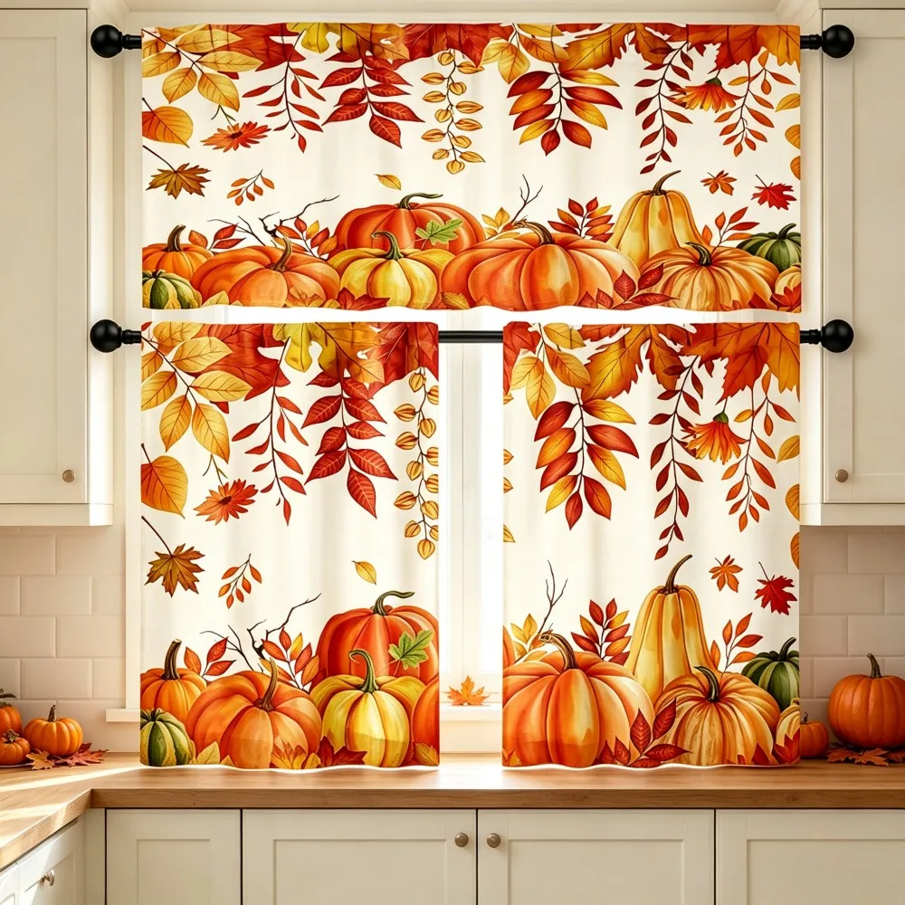 Thanksgiving Fall Kitchen Curtains, Pumpkin Hanging Leaf, Digital Print, Kitchen Dining Room, Rod Pocket Polyester, Home Decor