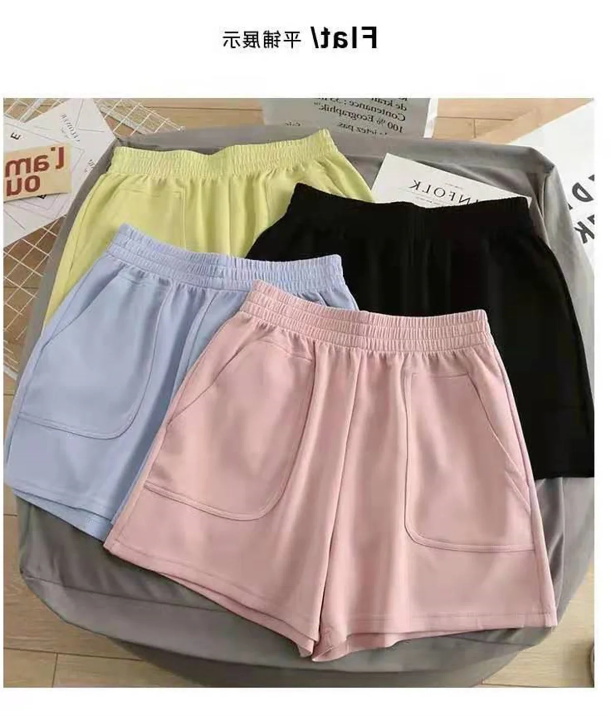 Sommer 2026 Neue Koreanische Damen-Shorts: Modische Freizeitshorts mit Elastikbund, Großen Taschen und Weitem Bein in Unifarben – Detail 1