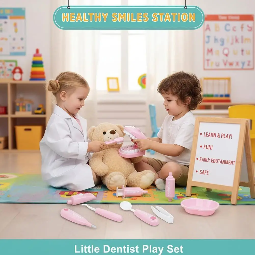 

Kids Dentist Role Play Kit Teeth Model Mirror Syringe Pretend Play Doctor Toy Educational Oral Hygiene Brushing Game For Toddler