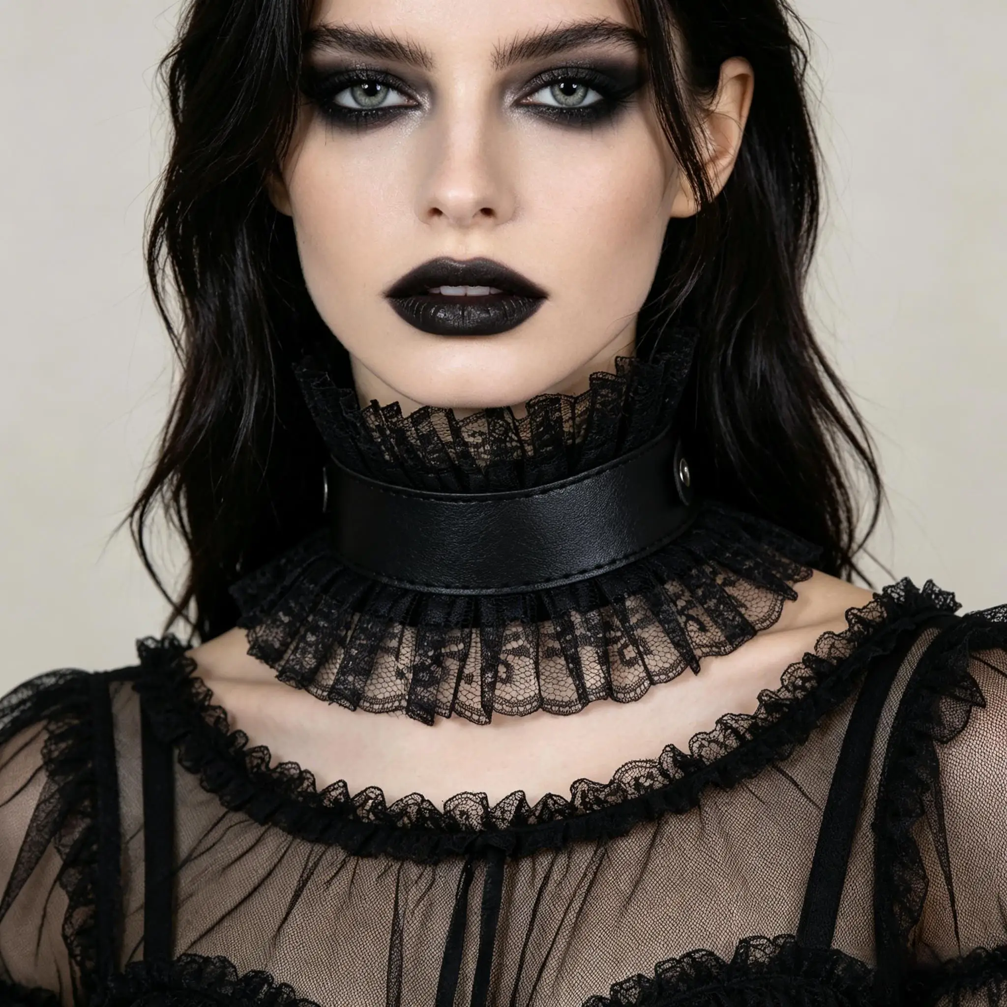 Women Vintage Fake Collar Gothic Black Faux Leather Ruffled Floral Lace Choker Necklace Victorian Lolita Neck Ruff view 2