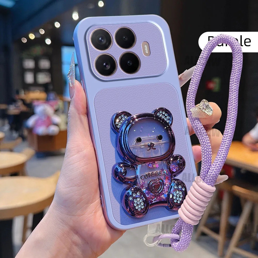 Funda de Teléfono con Soporte de Oso 3D y Textura de Litchi para Xiaomi 17T 17 Pro Max 15 Ultra 15T 14T 13T 12 con Cuerd