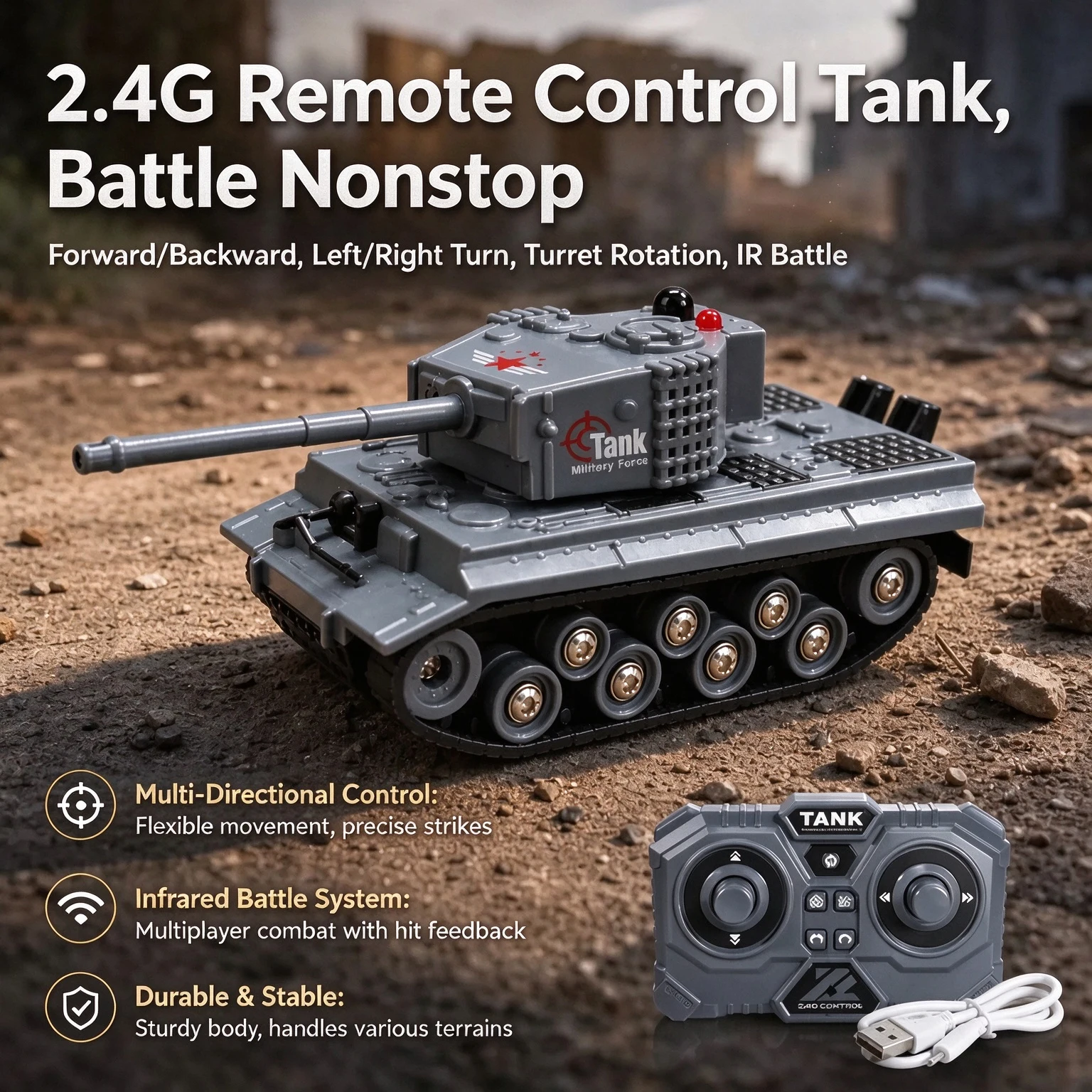 Infrared Battle RC Tank, Tracked Off-Road Vehicle with Thick Rubber Tracks for Climbing & All-Terrain, Gift for Boys