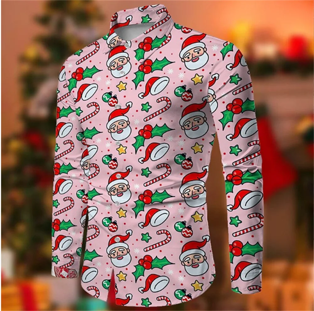 New Fashion Party Top Men's Polo Neck Long Sleeve Christmas Print Designer Shirt Casual High Quality Comfortable Soft Fabric