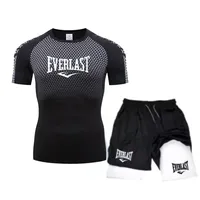EVERLAST Men's Compress Shirt + 2-in-1 sports shorts 2pcs Set Leisure Breath Short Sleeve Sport Jogging Gym Brand Print Clothing