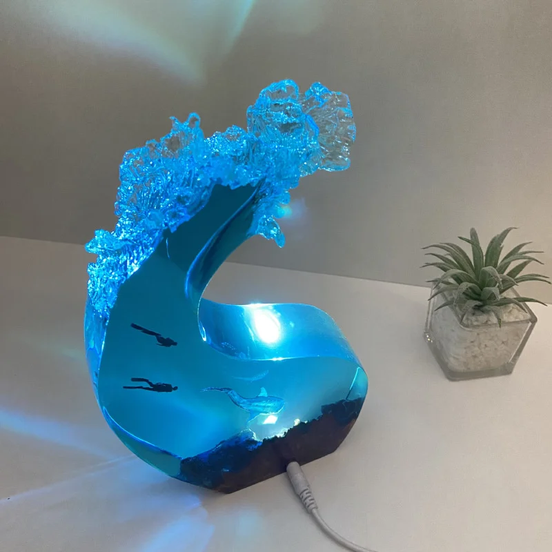 LED Illuminated Ocean Wave Whale Shark Night Light Wood Resin Sea Figurine Ambient Mood Lamp Christmas Holiday Gift