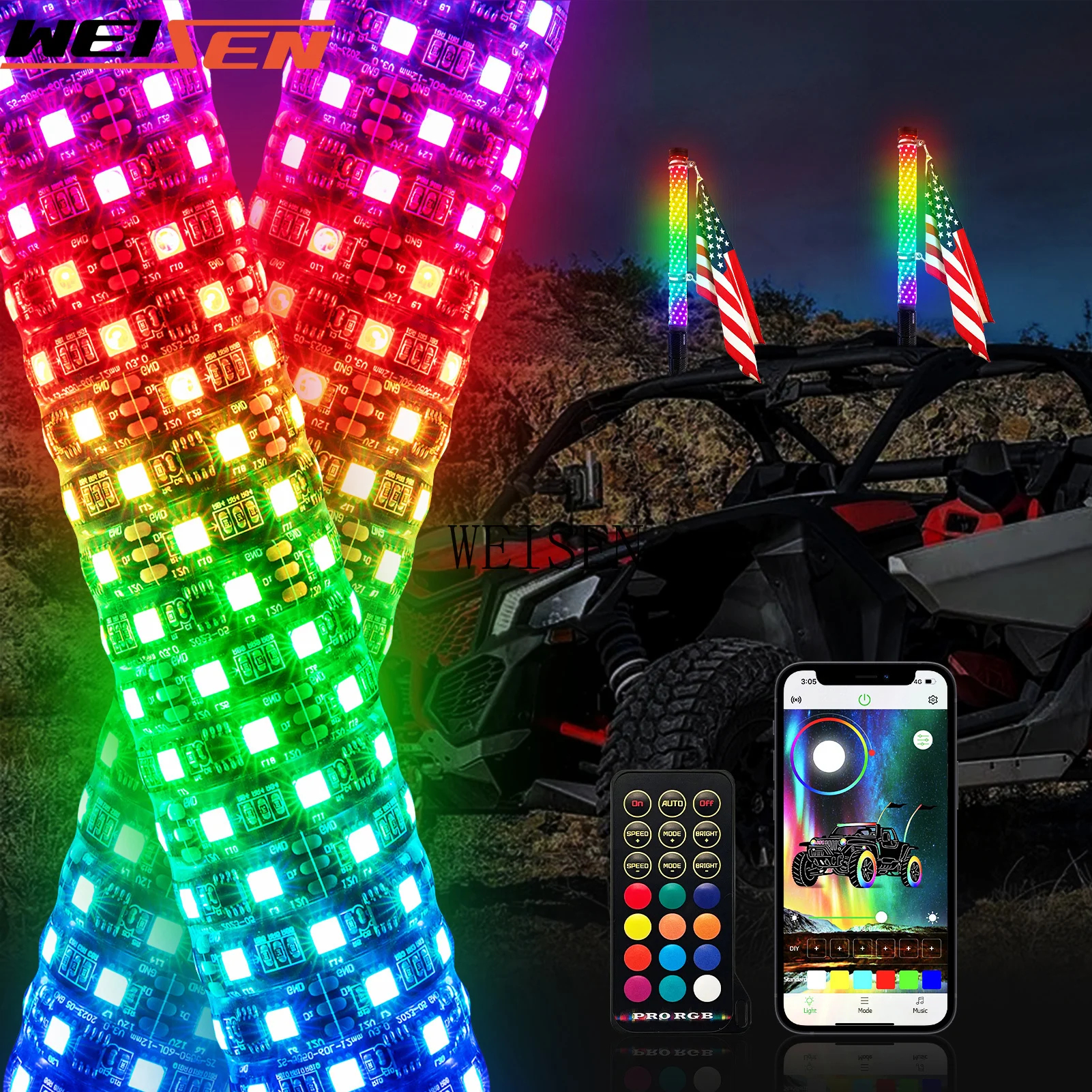 

For UTV ATV Can Am Maverick X3/Polaris RZR Pro 2F Universal 1.95in RGB LED Whips Light 360° Turn Signal Brake Reverse Light