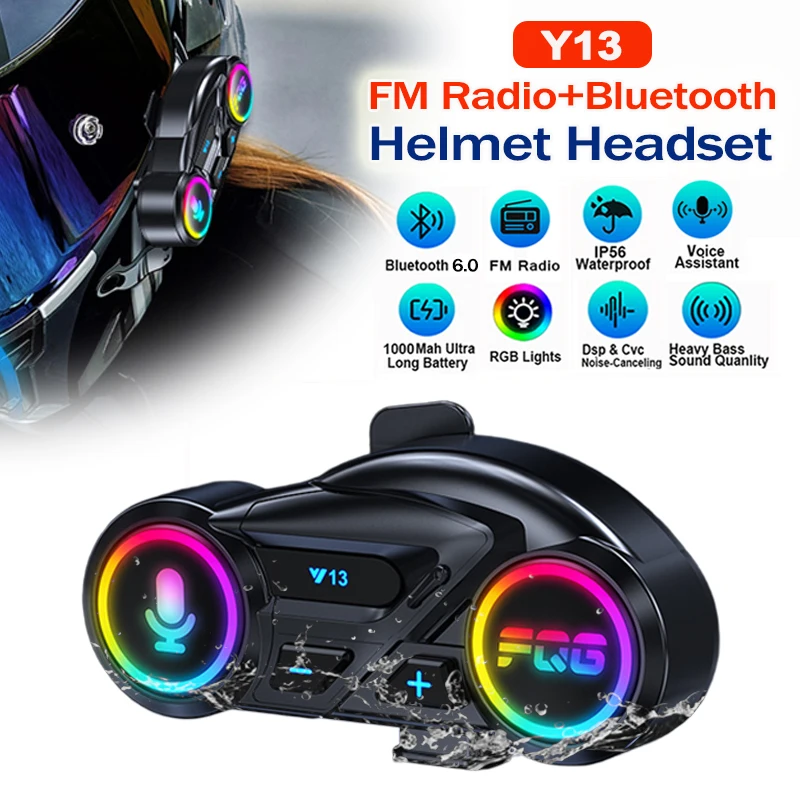

FM+Bluetooth 6.0 Motorcycle Helmet Headset 1000mah Battery Long Standby RGB Waterproof Handsfree Call Voice Assistant Earphone