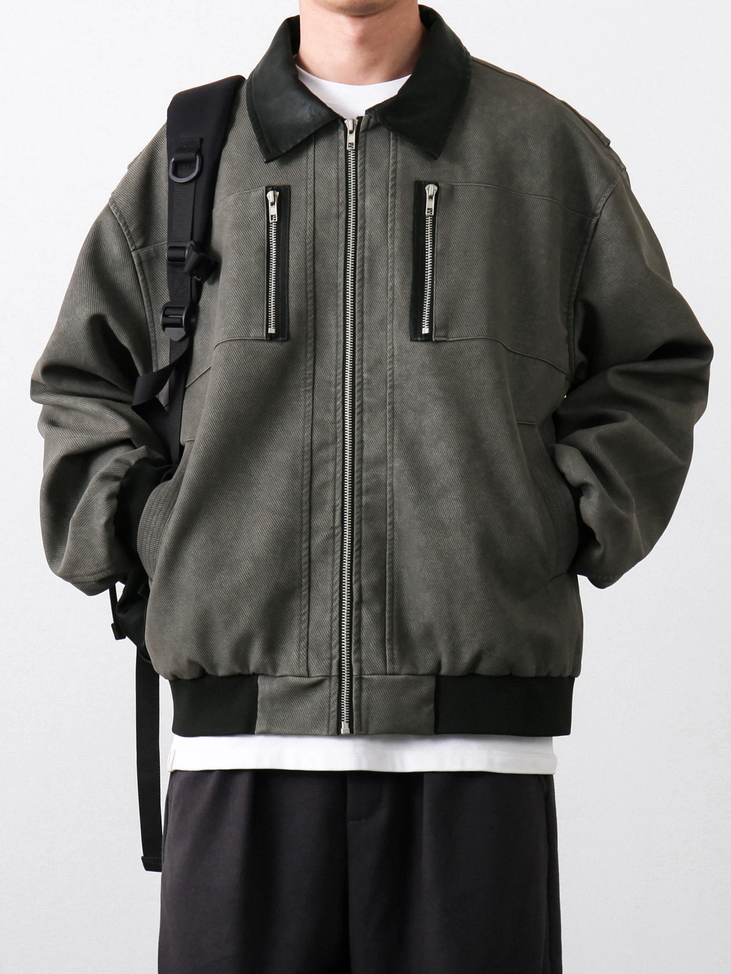 

Мужская осенняя куртка-жакет в стиле ретро, свободного кроя, с кожаным воротником, в стиле рабочей одежды, с цветовыми блоками, из коллекции Cleanfit Detroit.