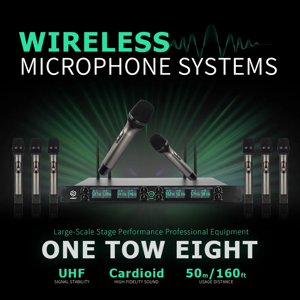 ميكروفون LMBGM K25R احترافي UHF لاسلكي ذو 8 قنوات مع نطاق نقل 164 قدم، مناسب لاستخدام المسرح والكنيسة.