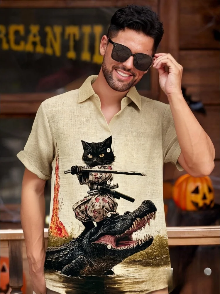 

Men's Crocodile And Cat Samurai Print Short Sleeve Shirt Vintage Retro 3D Printed Buttons Single Breast Lapel Work Shirts 2025