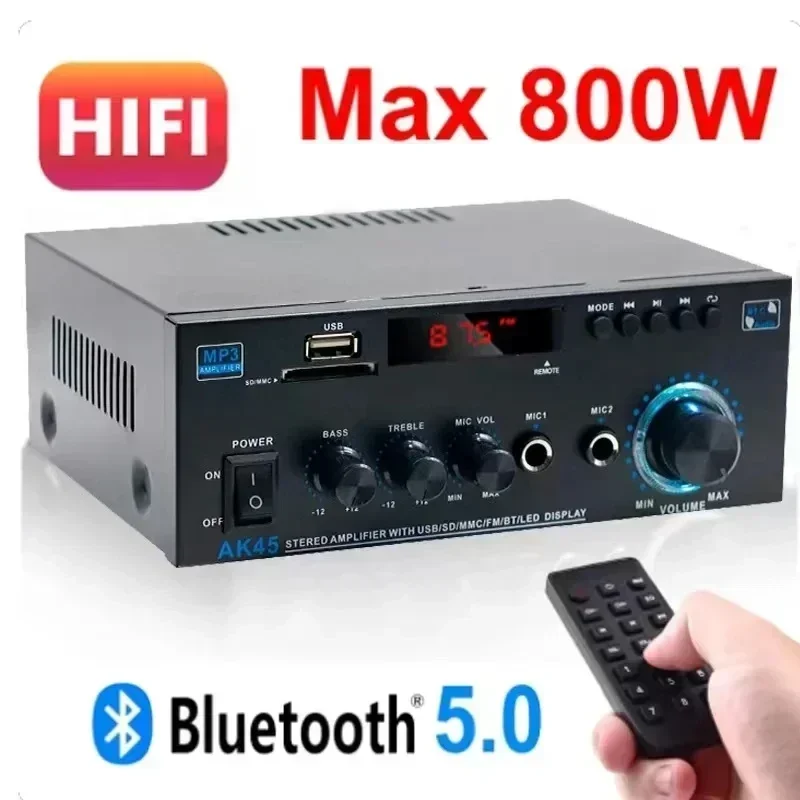 

AK45 Bluetooth 5.0 Power Amplifier 2.0CH 60W X 2 Output Max 400W Subwoofer Hi-Fi Audio Amplifier Stereo Amplifier Receiver