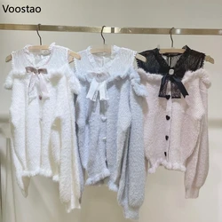 Sweet Lolita Autumn Winter Knitted Pullover Japanese Kawaii Lace Bow Off Shoulder Sweaters Girls Elegant Long Sleeve Knitwear