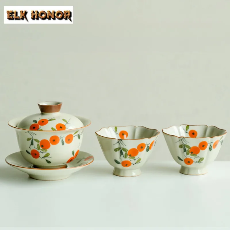 

160 мл Раскрашенная вручную роспись хурмы Пепел Гайвань Элегантная чайная вареная чайная чаша с крышкой Набор крышек для заваривания чая Чаша Чайный сервиз кунг-фу