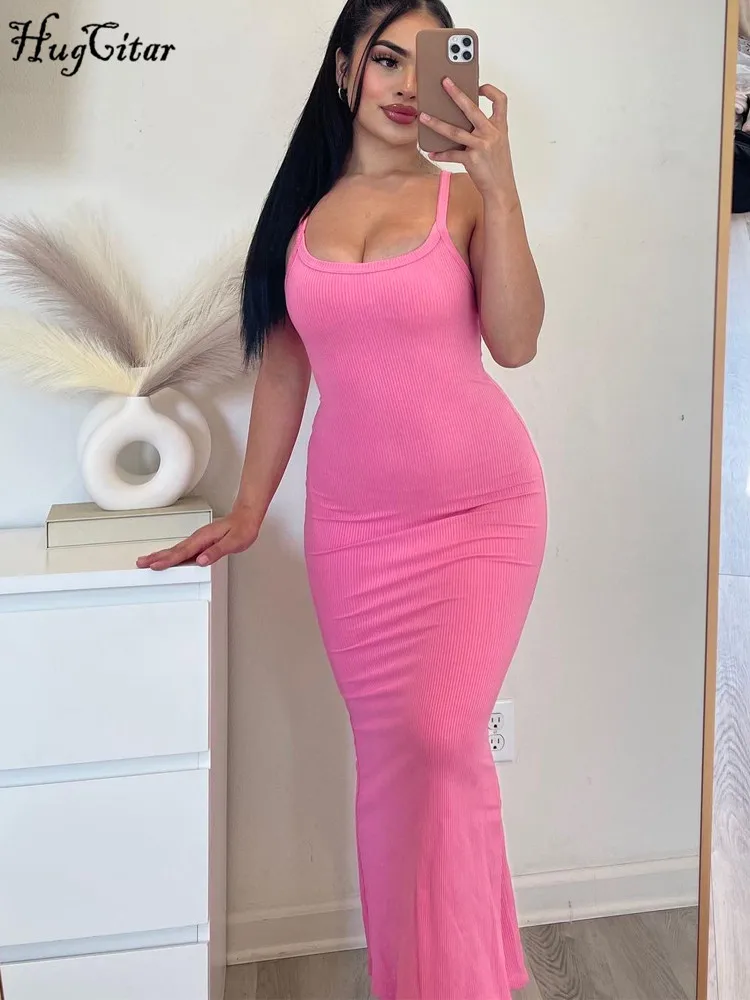 Hugcitar 2024 Elegant Ribbed Slips Solid Backless Sexy Bodycon Maxi Prom Dress Summer Women Fashion Outfit Party Vacation Y2K