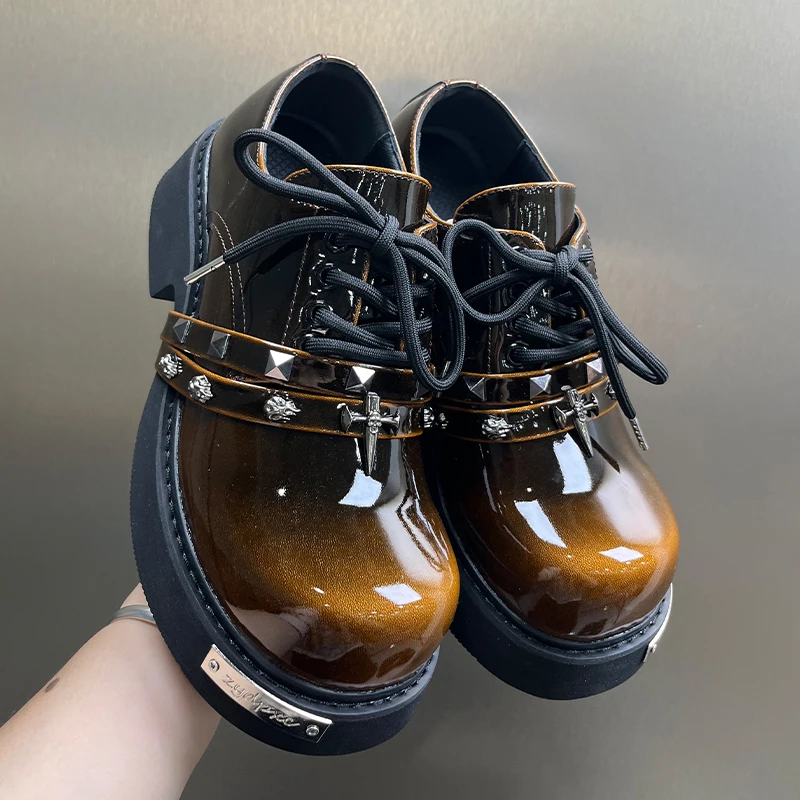 Punk Style Casual Thick Soled Men Derby Shoes Metal Mirror Equipment Cool  Fashionable Personalized  Fashionable Shoes