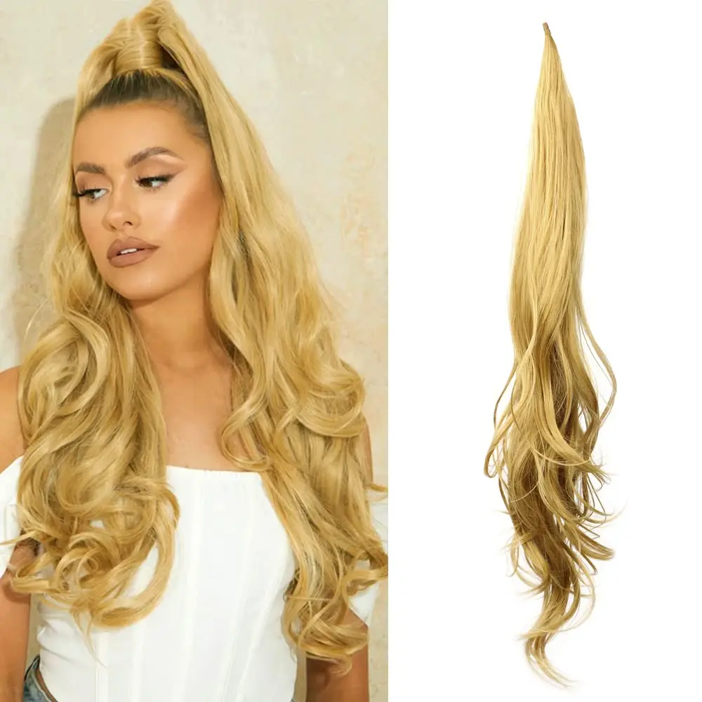 Synthetic Flexible Wrap Around PonyTail 32inches Frosted Length  Ponytail Extensions Blonde Hairpieces For Women Daily Use