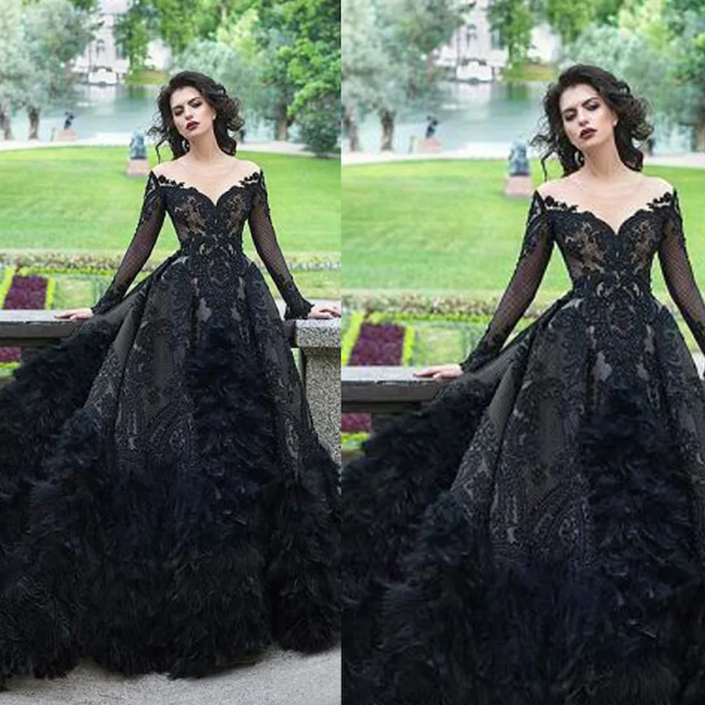 

SuperKimJo Vintage Black Prom Dress Ball Gown Feather Lace Applique Luxury Modest Long Sleeve Prom Gown Vestido De Gr