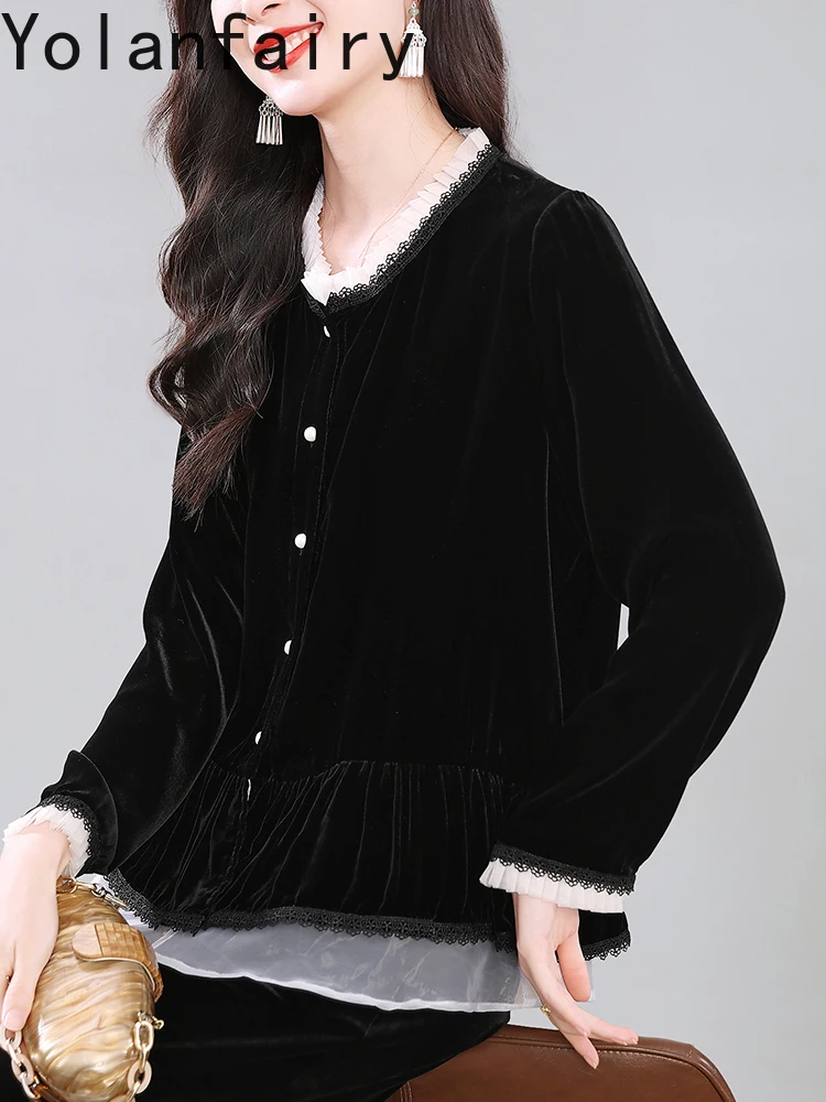 Yolanfairy high-end real amoreira seda veludo camisas mulher outono luz luxo elegante falso duas peças emenda curto camisa superior