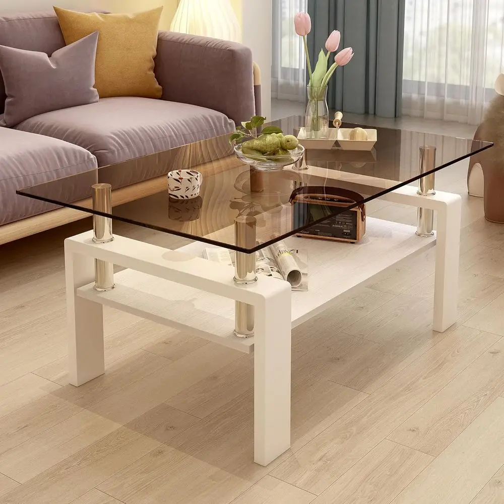 

Rectangular Brown Glass Coffee Table with White MDF Base for Living Room and Office Use
