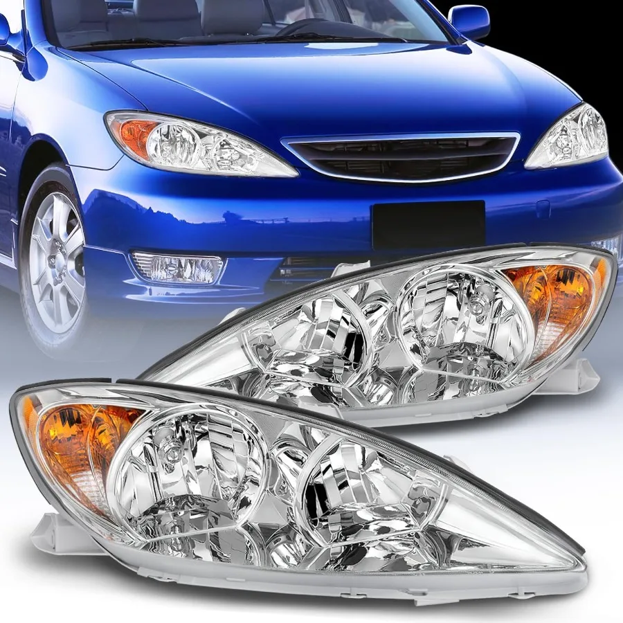 

Headlight Assembly for 2002 2003 2004 Camry LE XLE Headlamps Replacement Chrome Housing Amber Reflector Clear Lens Driver and